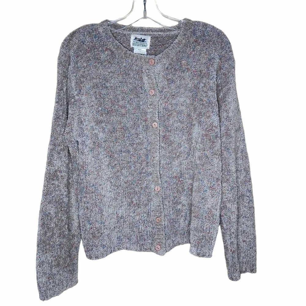 Vintage Northern Reflections M Knit Cardigan Button Sweater Gray Speckled FLAW